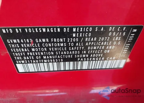 2015 Volkswagen Golf Tsi S 4-Door из США, поврежденный, VIN 3VW217AU7FM095319